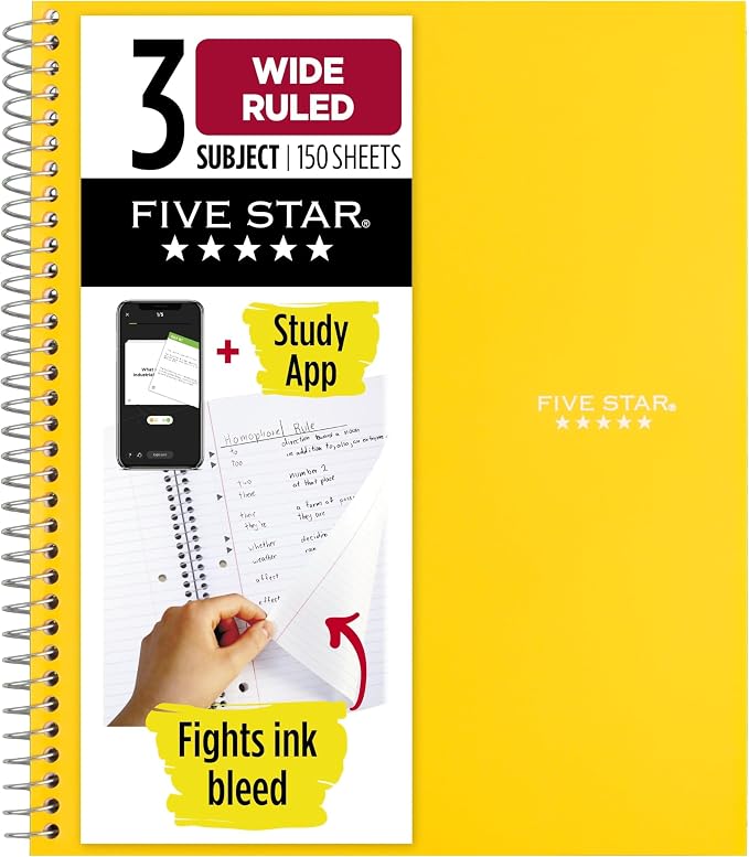 Five Star Spiral Notebook + Study App, 3 Subject, Wide Ruled Paper, 8" x 10-1/2", 150 Sheets, Fights Ink Bleed, Water Resistant Cover, Harvest Yellow (73463) (Pack of 6)