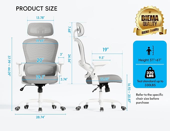 TRALT Office Chair - Ergonomic Desk Chair with Headrest Support for Adults | Home Office Desk Chair with Lumbar Support - Ergonomic Mesh Chairs 330 lb Wide Seat with Headrest, Comfy Desk Chair(Grey)