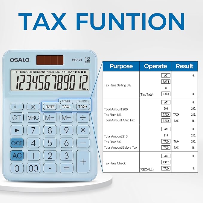 Pendancy Blue Small Calculator, 12-Digit LCD, Big Buttons, Dual Power | Pocket Desk Calculator for School and Office, Large Display, Solar & Battery, 30° Tilt, Tax, GT/MU, Symbols, 8-Min Auto-Off