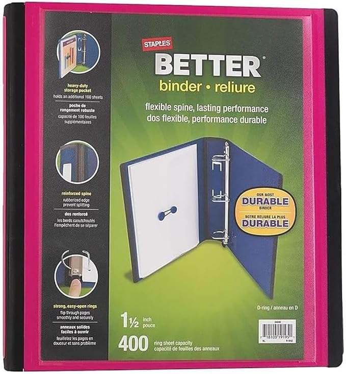 Staples Better 1.5-Inch 3-Ring Binder, Pink – Heavy-Duty Binder for School & Office Organization
