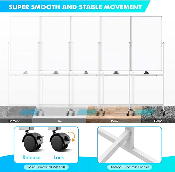 Rolling Whiteboard on Wheels 40" x 24" Aluminum Frame | Magnetic Mobile White Board, Double Sided Dry Erase Easel with Stand. Ideal for Home School, Office and Classroom