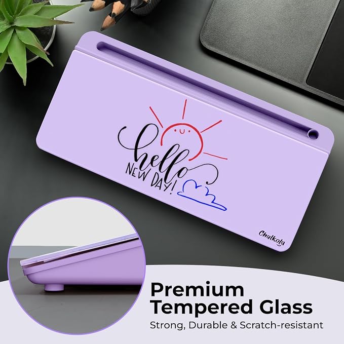 Chalkola Lavender Glass Desktop Whiteboard with Storage + 3 Markers | Dry Erase Board, Work Desk Organizers, Computer Keyboard Stand, Home Office Supplies for Women, Accessories, Workspace Buddy