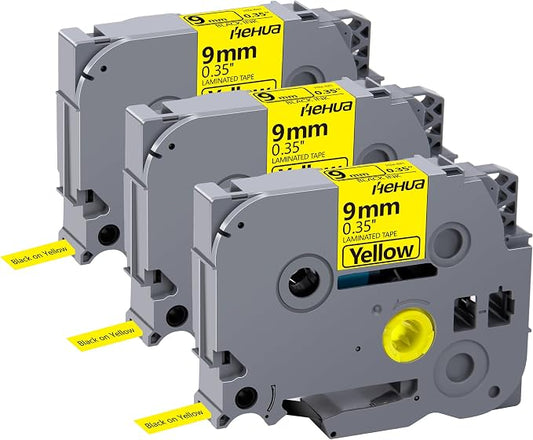 Hehua TZ621 3PK Compatible for Brother 9mm Label Maker Tape Black on Yellow | 3/8 inch;3/8';0.35';0.35 inch;TZe 621;Black on Yellow；9mm Label