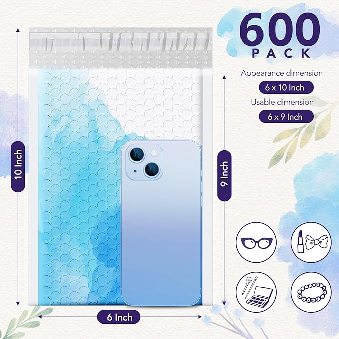 Fuxury Bubble Mailers 6x10" Blue Watercolor Small Padded Envelopes 600 Pack Usable Size 6x9" Strong Adhesion Bubble Envelopes Thick Padded Mailers Waterproof Shipping Bags for Jewelry Makeup #0