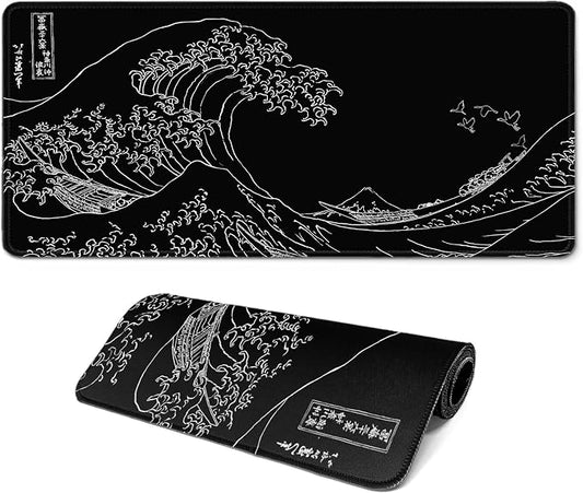 Gaming Mouse Pad, Large 31.5 x 11.8 inches Mousepad, Long Keyboard Pad, Cute Mouse Mat for Computer with Stitched Edges and Non-Slip Base (Black Japanese Wave)