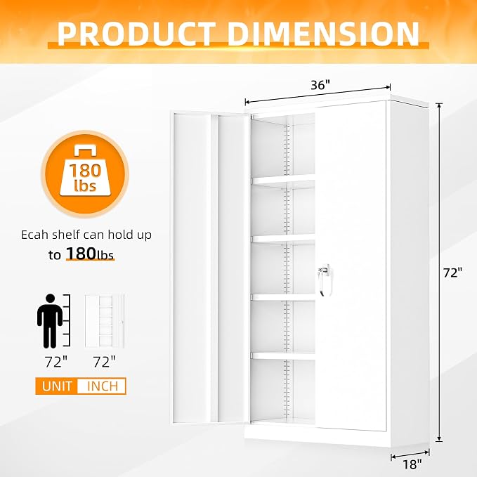 White Metal Storage Cabinet Doors, 72" Locking Steel Storage Cabinet with Shelves, Tall Metal Cabinet Lockable Steel Cabinets for Home Office, Garage