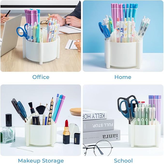 M&G 360 Degree Rotating Desk Organizer, 4 Slot Pencil Holder with Stickers, Multi-Purpose Cute Pen Pencil Cup for Make Up Brush Office School Home (White)