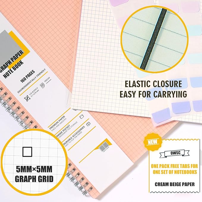 OWSC 4 Pack Graph Spiral Notebook, Hardcover Notebooks for Work A5 Graph | 5.9 x 8.3 IN Notebooks College Ruled for Note Taking, School and Journal with 80 Sheets/160 Pages 110 GSM Thick Papers