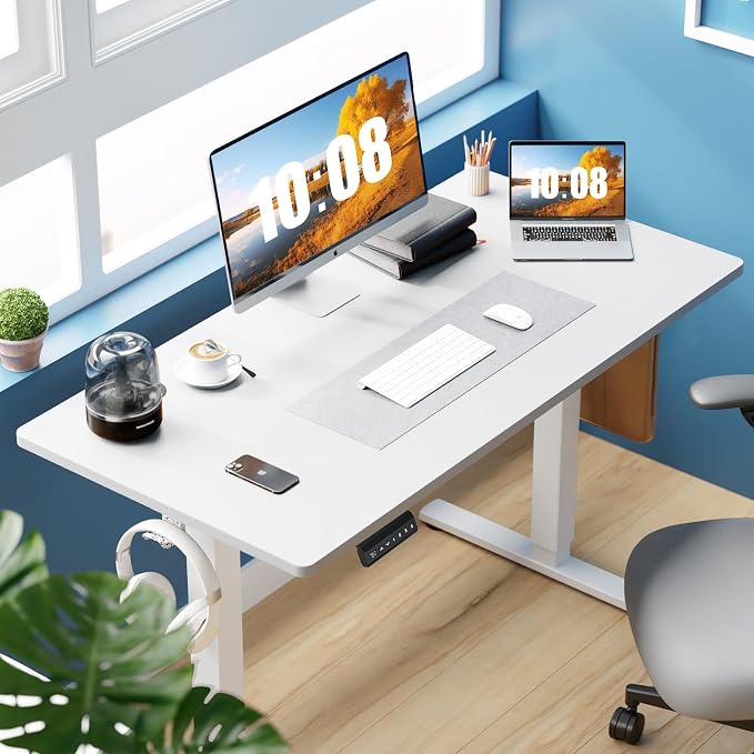 DUMOS 41 Inch Electric Standing Desk, Memory Adjustable Home Office Desk | Sit Stand Up Desk for Work Home Office,Adjustable Desk, Rising Computer Table with Splice Board,Cable Management,Hook,White