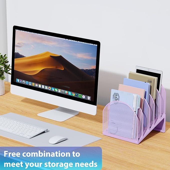 gianotter Desktop File Organizer with 5 Compartments | Desk Organizer Paper Organizer for Desk Workspace Organizers for Office Supplies (Purple, Inclined Style)