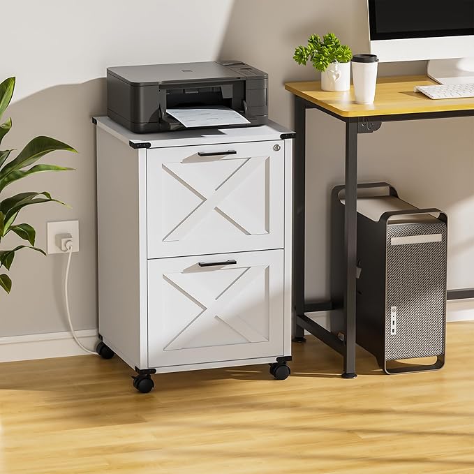 Onelike Small Wood File Cabinet with Charging Station and Lock, 2 Drawers | Built-in 2 AC, USB & Type-C; 1 lock secures 2 drawers; Nightstand, Printer stand and Mobile under-desk cabinet; White