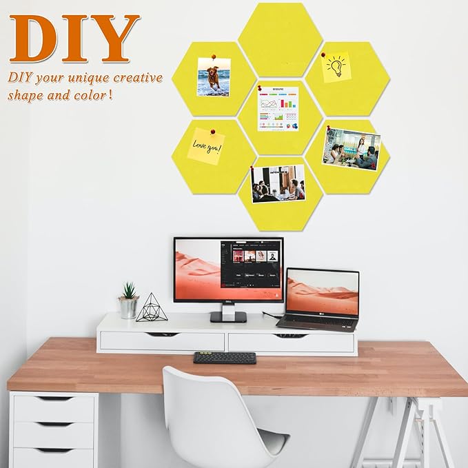 Large Hexagon Felt Cork Board Tiles, Self Adhesive DIY Felt Bulletin Board Pin Board with 35 Pushpins for Office School Home Wall Decor Stickers Memos Photos Display(Yellow)