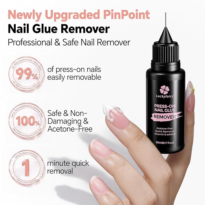 Pinpoint Press On Nail Remover: 2PCS 20ml Non-Acetone Nail Glue Remover with Cuticle Pusher, Multi-Functional Remover for Nails Tips, Gentle Nail Polish Remover with Upgraded Quick Easy Removal