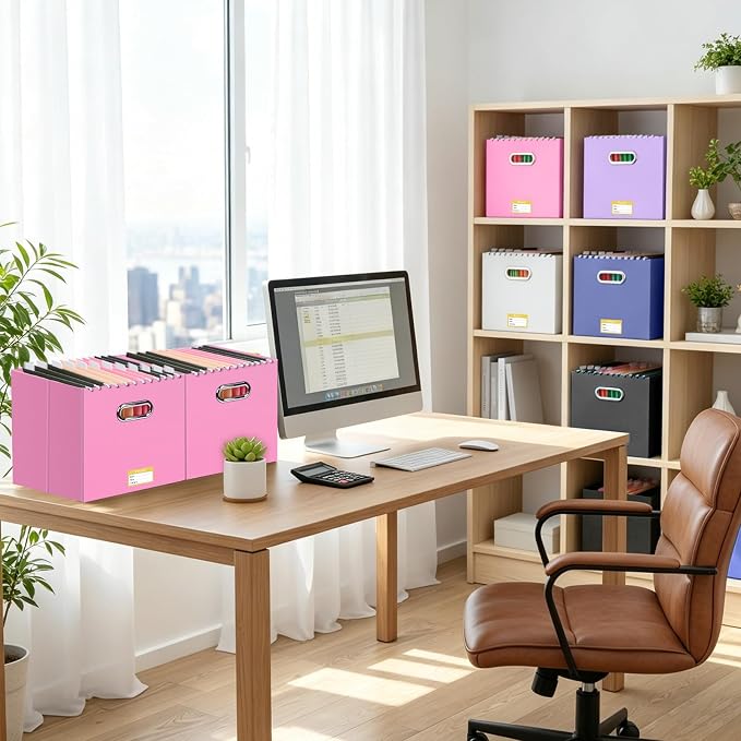 BALEINE File Organizer Box, Cardboard File Folder Organizer with Handle for Letter Size, Portable Collapsible Hanging Filing Box for Home Office Document Storage (4 Pack, Large Pink)