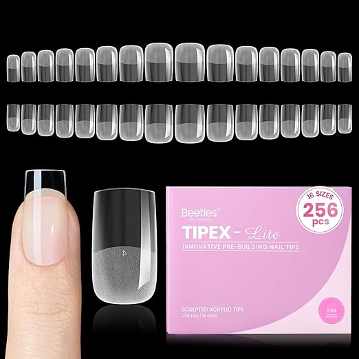 Beetles Tipex Lite Pre-Built Apex Gel Nail Tips, Square Short, 256pcs Value Pack, 16 Sizes, Flat-Nail Friendly Acrylic Tips for Natural Nail Beds, Easy for Beginner DIY