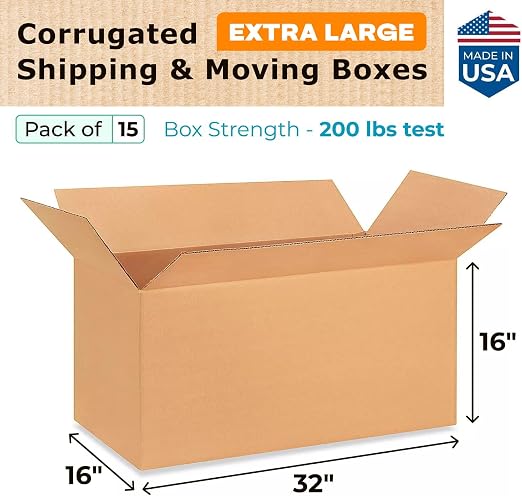 Extra Large Shipping & Moving Boxes 32"L x 16"W x 16"H (15-Pack) - Extra Strength 200 lb vs Regular - Corrugated Cardboard Boxes for UPS, FedEx - Cardboard Box Moving - Large Box by IDL Packaging | Extra Strength 200 lb vs Regular - Corrugated Cardboar...