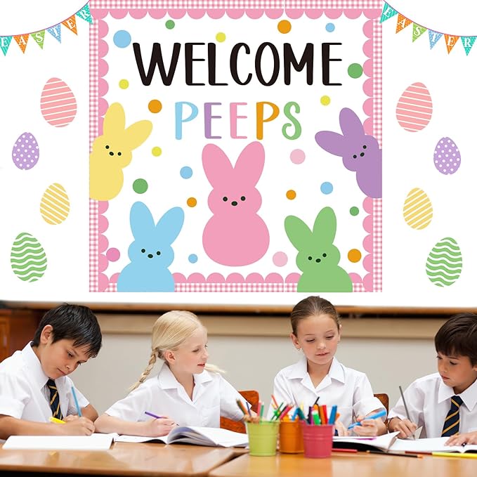 Easter Peeps Bulletin Board Classroom Decorations Set Bunny Cutouts Colorful Easter Bulletin Board Border for Classroom School Chalkboard Nursery Home Door Wall Decor Spring Easter Party Decor