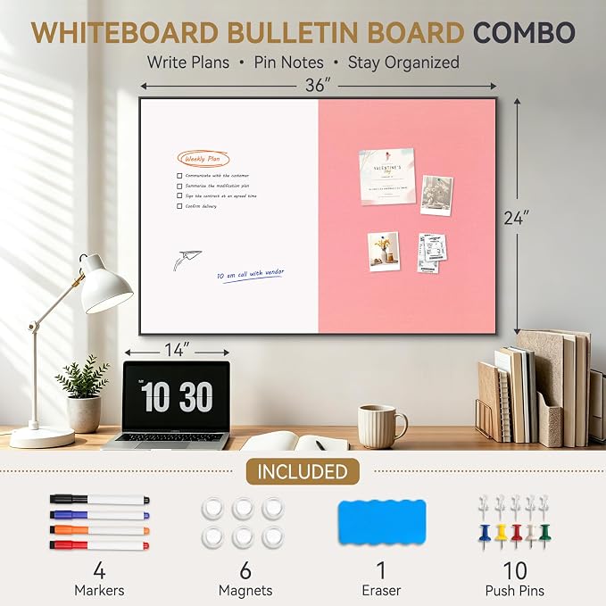 Whiteboard Bulletin Board Combo, 36"x24" Dry Erase Linen Cork Board | Magnetic, Black Aluminum Frame, Pink Linen Pin Board, Wall Mount, Vertical & Horizontal, for Home Office Kitchen Dorm