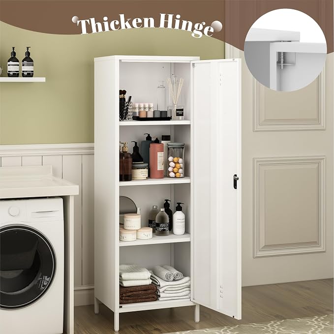 Metal Locker Cabinet, White Kitchen Pantry Storage Cabinet 59" Garage Steel Tool File Cabinets with Doors and Adjustable Shelves for Office,Garage