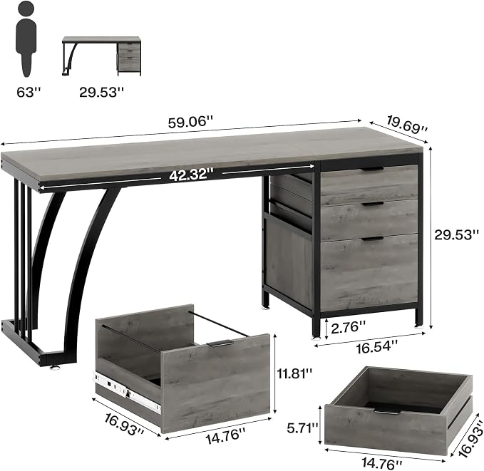 Tribesigns Computer Desk with 3 Drawers, 59-Inch PC Desk with Reversible Drawers, Industrial Study Writing Table Workstation with File Storage for Home Office (Grey)