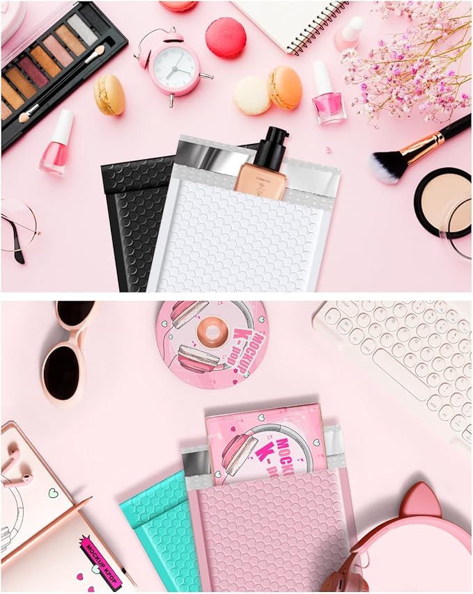 GSSUSA Bubble Mailer 6x10" Small Bubble Mailers 100 Pack Usable Size 6x9" Padded Envelope with Black & White & Sakura Pink & Teal, Cute Bubble Mailers Self-Seal Bubble Envelopes for Small Business.