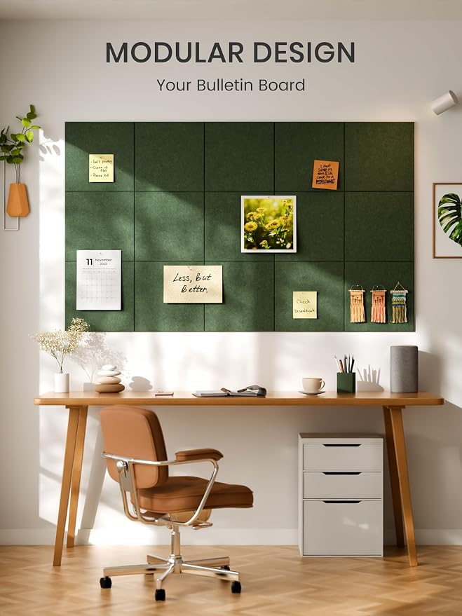Bumusty 36" x 24" Large Cork Board Alternative, Moss Green | 6-Pack Felt Bulletin Board Tiles, 60 Adhesive Tabs, 30 Pushpins, Home, Office, Classroom, Vision Board