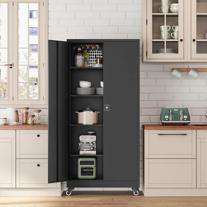 Fesbos Metal Rolling Storage Cabinet-74.6” Tall Steel File Cabinets with Wheels Lockable Doors and Adjustable Shelves-Black Steel Storage Cabinet for Home, School, Office, Garage