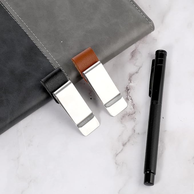 2 Pcs Pen Loop for Notebook, PU Leather Retro Pen Clips Metal Pens Loop Holder Notebook Pens Sleeve for Journal Notebooks Planner Clipboard Office (Black Silver + Brown Silver)