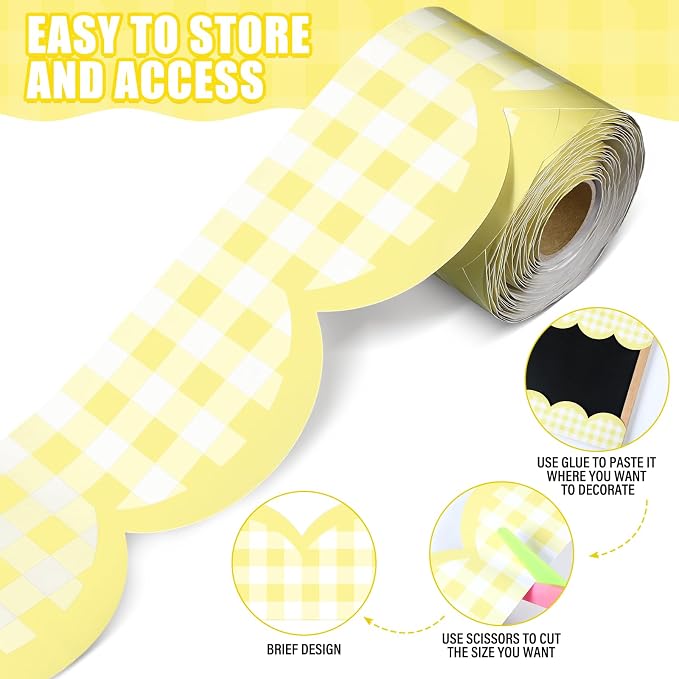 Zonon 65ft Yellow Gingham Bulletin Board Border Pastel Scalloped Bulletin Board Trim Back to School Classrooms Decoration for Party Whiteboard, Walls, Desks, Windows, Doors, Lockers
