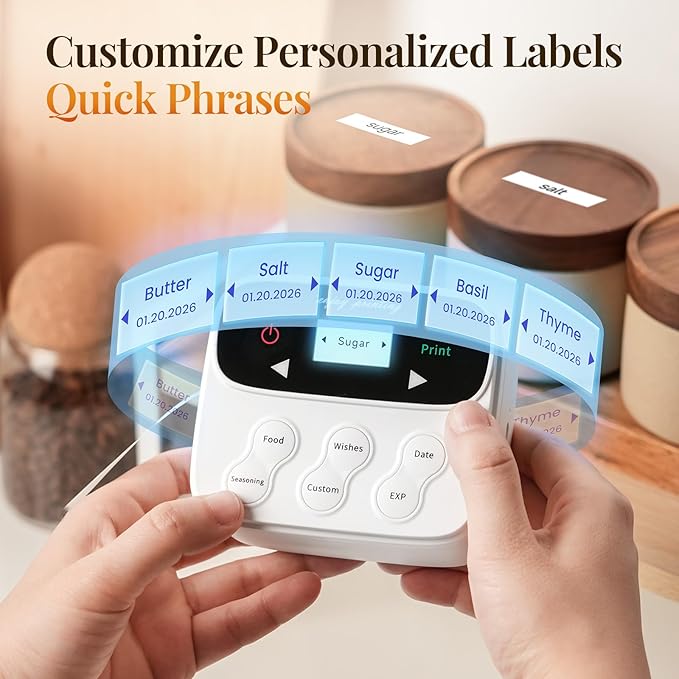 Phomemo Ribbon Label Printer, Kitchen Magnetic Label Maker Machine with Tapes F12 Handheld Rechargeable Backlit-LCD Screen Labeler One-Click Print Date for Home Food School Gift Wrapping Fridge White