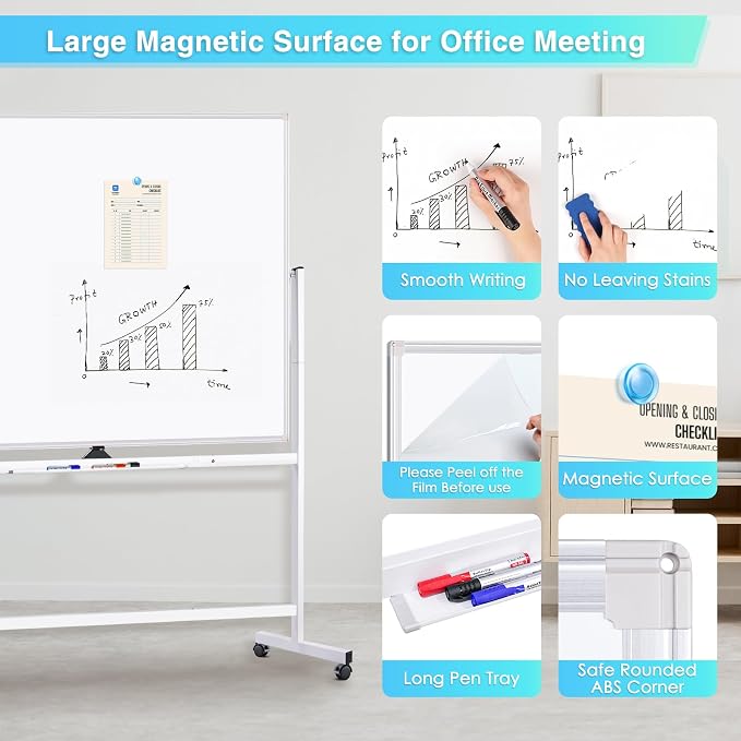 Maxtek Rolling Whiteboard on Wheels 60 x 48 in, Large Double-Sided Magnetic | 5‘x4' Mobile Giant Dry Erase Board with Stand Big Reversible Writing Surface for Office, School, Home and Homeschool(Sliver)