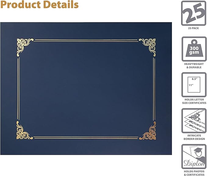 Better Office Products 25 Pack Navy Blue Certificate Holders, Diploma Holders, Document Covers with Gold Foil Border, for Letter Size Paper, 25 Count, Blue