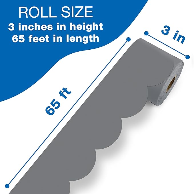 Carson Dellosa Education 65Ft of Gray Bulletin Board Borders, 1 Roll of Grey Scalloped Trim for Rolling Whiteboard, Cork and Posterboard, Party, Office Decorations, and Classroom Decor