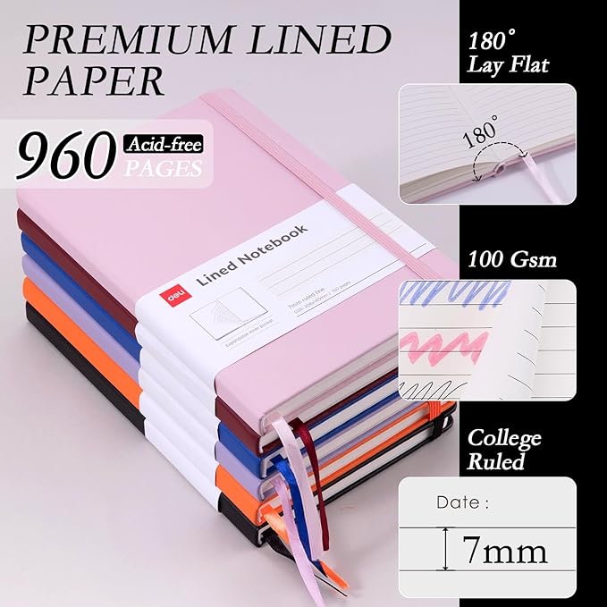 deli 6 Pack Multicolor Lined Journal Notebook for Work, Moleskine Notebooks, A5 (5.5"x8.3"), 160 Pages Hardcover Journaling Notebooks, Multicolor College Ruled Notebooks for Notes-taking/Work/Travel