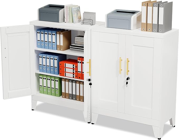 GAIOUS White Metal File Cabinet with Lock(Two Units), Steel Storage Cabient | with 2 Doors and 2 Adjustable Shelves, Multifunctional Locked Cabinet for Home/Office/Garage/Tool Room, Accent Furniture