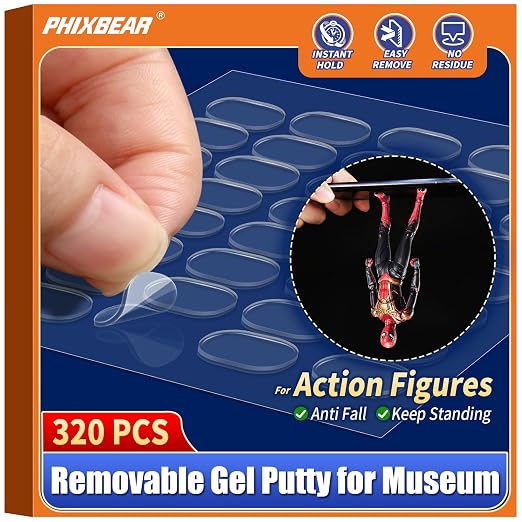 PHIXBEAR Removable Gel Earthquake Putty for Museum Action Figures, 320 Pcs | No Trace Clear Glue Adhesive Dots Double Sided, Sticky Tack for Wall Hanging Pictures Poster, 0.31x 0.51" Wax Mounting Putty