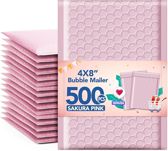 GSSUSA Sakura Pink Bubble Mailers 4X8 Inches 500 Pack, Padded Poly Bubble Mailer, Small Padded Envelopes Strong Adhesion Bubble Envelopes,Self-Seal Mailing Envelopes for Small Business