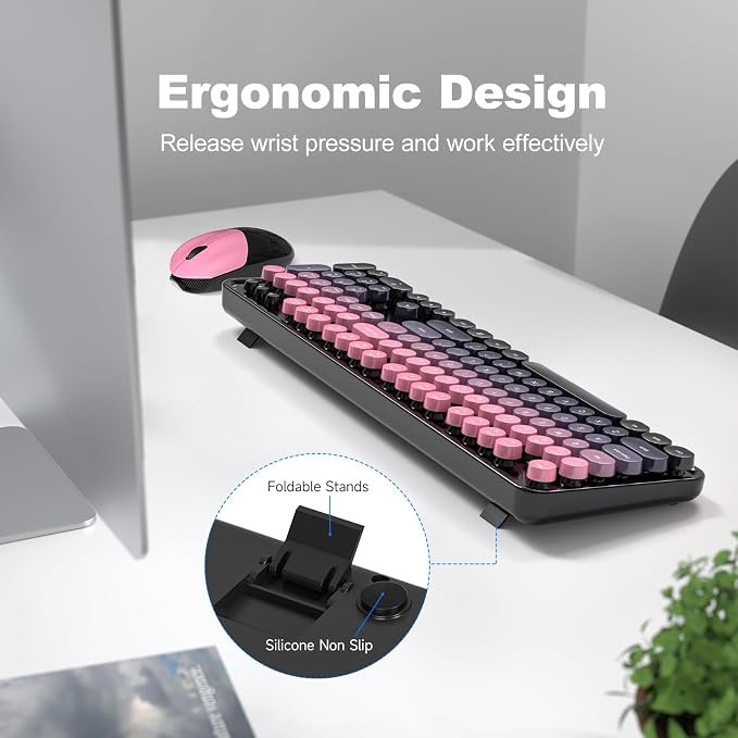 MOFII Wireless Keyboard and Mouse Combo, 2.4GHz Retro Typewriter Keyboard Full Size, Cute Wireless Mice, USB Dongle Plug and Play, for Laptop, PC, Desktop, Windows (Plum Pink Gradient Color)