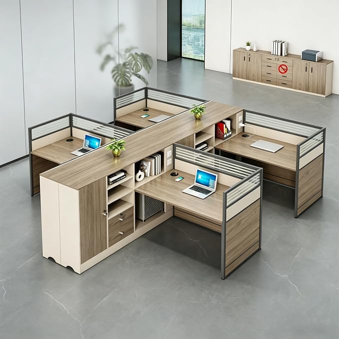 Modern Office Workstation Desk with Side Storage Cabinet, Tempered Glass Privacy Panels, USB Charging Hub & Cable Management, Modular Cubicle Desk for Office Work (B - Left, 4P-A)