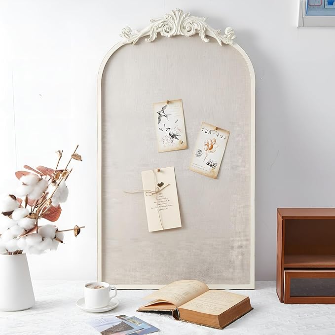 Vintage Framed Pin Board Linen Display Bulletin Board Large Ornate Fabric Picture Photo Pinboard Memo Decorative Prayer Pinboard Ornate for Wall Gift(Arch,13" X 25",Antique White)