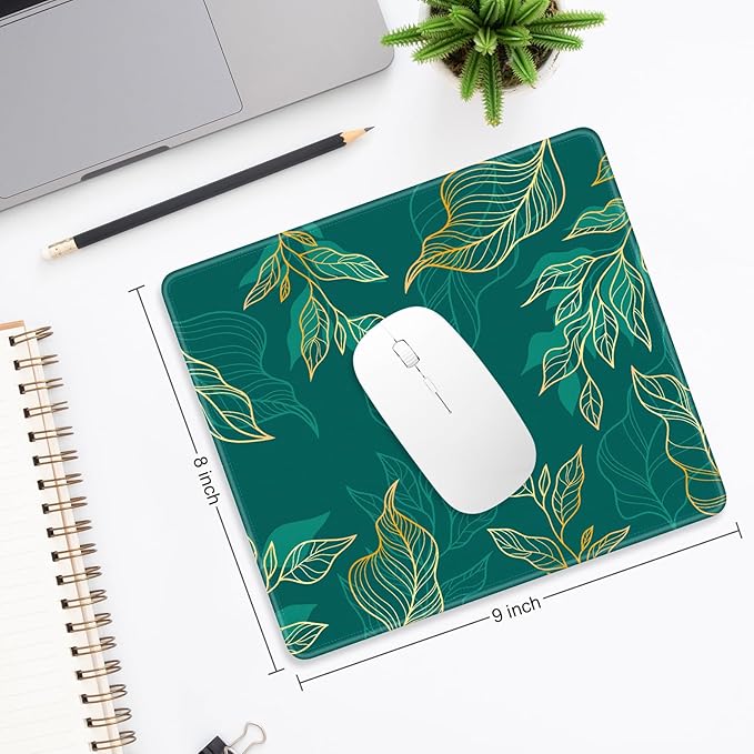 Mouse Pad, Minimalism Marble Style Computer Pad, Anti-Slip Rubber Mouse Mat with Stitched Edges for Gaming, Office, Laptop, PC, Women, 9" x 8" Thick 3 mm, Green Leaves