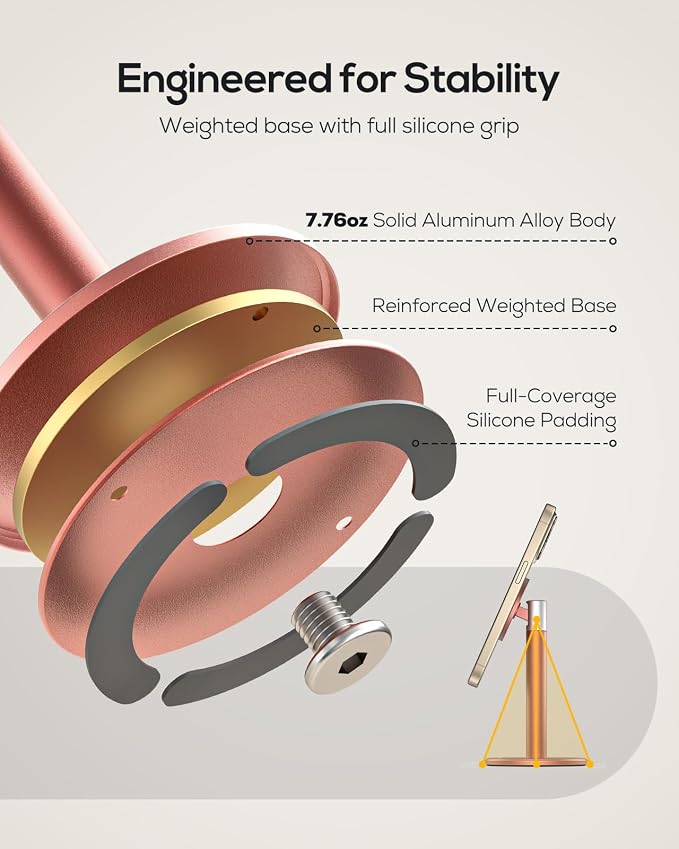 Nulaxy Magnetic Full Aluminum Cell Phone Stand with 360 Rotating, Pink | Stable Base, Includes Metal Ring, Works with Thick Cases, Hands-Free, Office Accessories, Compatible with All Phones