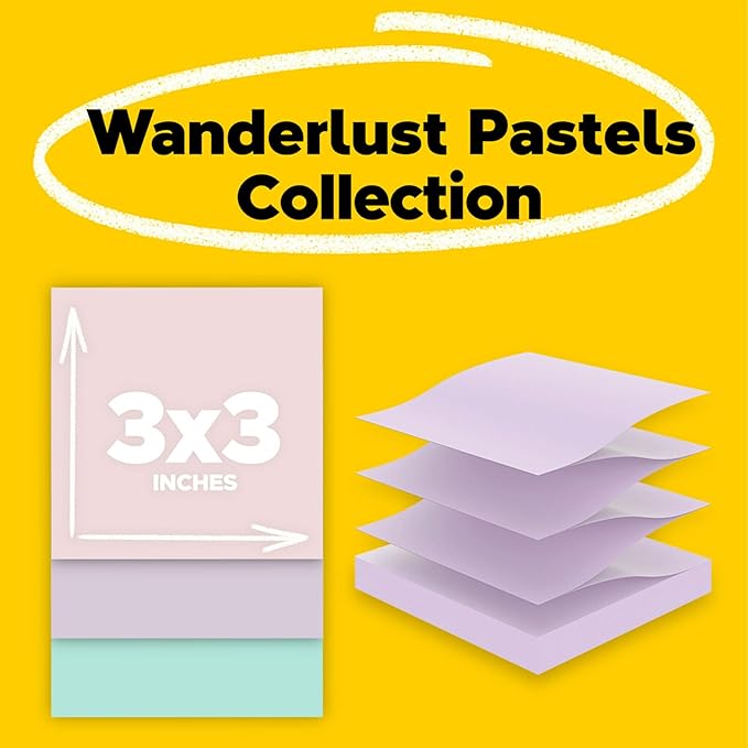 Post-it Super Sticky 100% Recycled Pop-up Notes, 3 in. x 3 in. Wanderlust Collection, New Year Organization or Second Semester School Supplies, 70 Sheets, 6 Pads (Pack of 12)