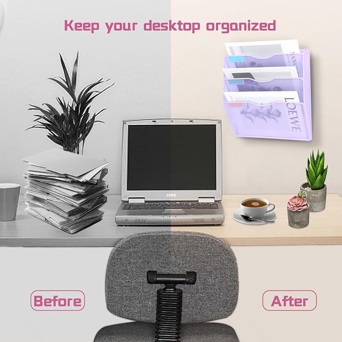 3 Pockets Mesh Wall File Holder Organizer Office Hanging File Folder Magazine Rack, Nametag Label Hooks Set Included (Purple)