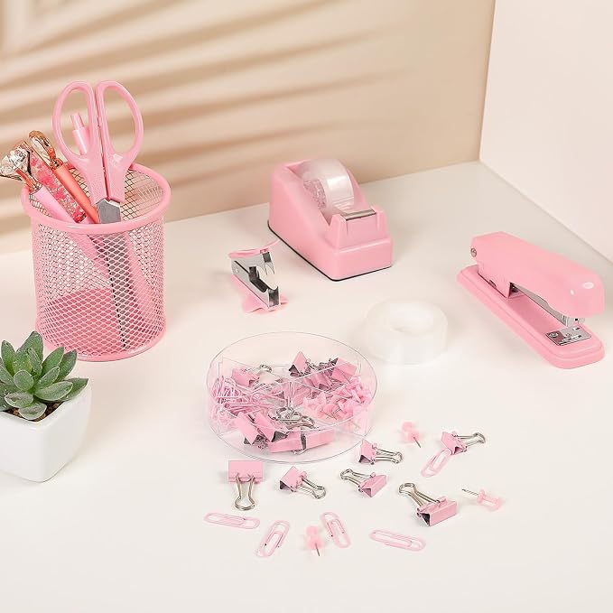 SKYDUE Pink Stapler and Tape Dispenser Set, Pink Office Desk Accessories | Pink Office Supplies, Stapler, Tape Dispenser, Scissors, Clips and 1000pcs Staples,Office Supplies for Desk for Women