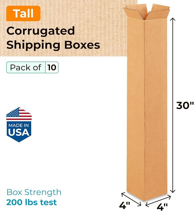 Tall Moving & Shipping Boxes 4x4x30 inches (10-Pack) - Extra Strength 200 lb vs Regular - USA-Made Corrugated Strong Boxes for Packaging Moving - Box for Shipping - Tall Box by IDL Packaging
