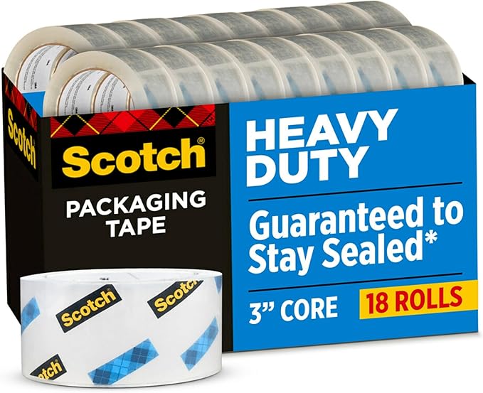 Scotch Heavy Duty Shipping Packing Tape, Clear, Shipping and Packaging Supplies, 1.88 in. x 54.6 yd., 18 Tape Rolls