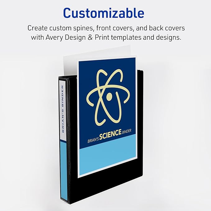 Avery Durable View 3 Ring Binders, 1 Inch Slant Rings, 250-Sheet Capacity, DuraHinge, 1.4 Inch Wide Spines, Customizable Clear Covers and Spines, Black Binders (12-Pack of 17011)
