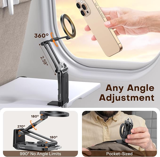 OMOTON TP02 360°Rotating Adjustable Aluminum for MagSafe Tripod,Black&Black | Magnetic Phone Tripod for iPhone 17/16/15 Pro Max Air, Foldable Cell Selfie Stick Fits Vlog, Gym Travel Essentials, 2Pcs