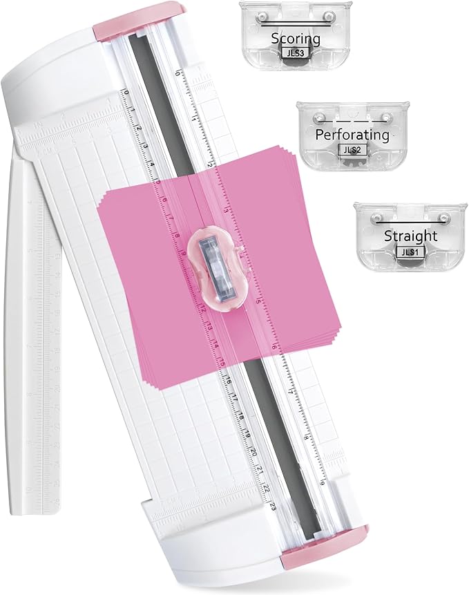 Meafeng 3-in-1 Paper Trimmer with Straight, Scoring & Perforating Blades, 9" A5 Cutter for Crafting, Scrapbooking, Cardstock, Labels & Home Office Use – Compact & Portable (Pink)